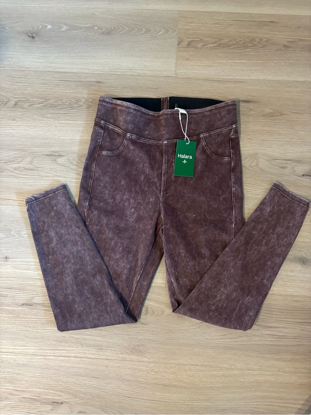HALARA Denim Jeans Acid Wash Brown Maroon High-Rise Leggings MSRP $68